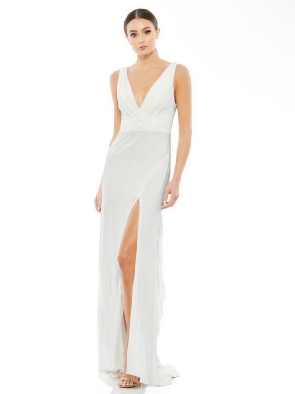 Mac Duggal White Sleveless Jersey V Neck Slit Dress Gown NWT $298 ✨Sz